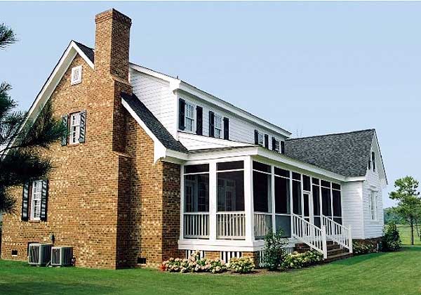 House plan exterior with brick chimney, white siding, and a screened porch with white railing and stairs.