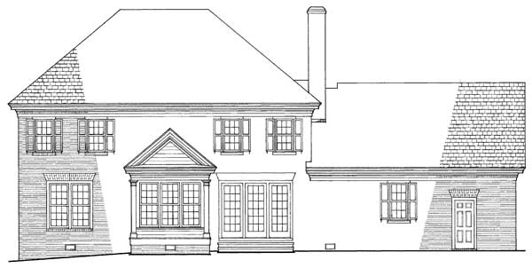 House plan elevation showing a two-story home with multiple gables, a prominent chimney, and varied window styles.