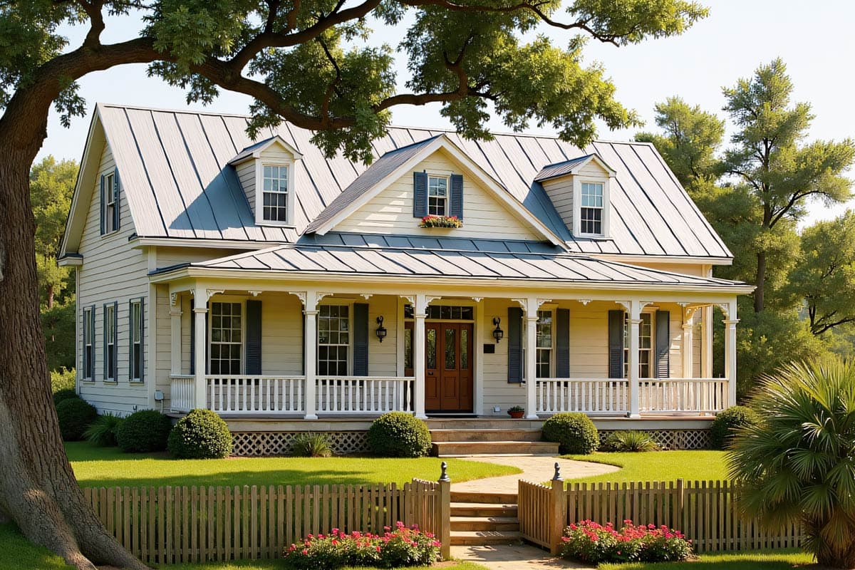 House plan exterior: Southern Colonial style, two stories, with a wraparound porch, gabled dormers, and metal roof.