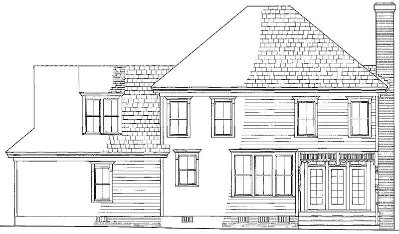 House plan exterior elevation showing multiple stories, hip and gable roofs, brick chimney, and varied window styles.