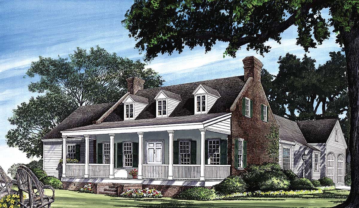 House plan exterior: Two-story brick and siding home with a full front porch, white columns, and three dormers.