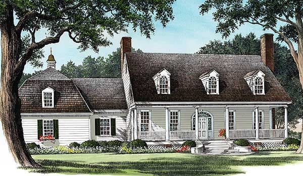 House plan exterior featuring a gambrel roof dormer, mansard roof section with cupola, and a covered front porch with columns.