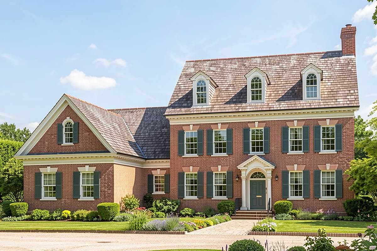 House plan exterior rendering: Two-story brick home with dormers, multiple gables, shutters, and classical portico.
