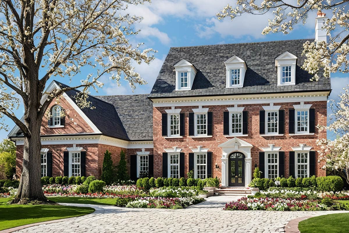 A stately red brick house with white trim and black shutters. Flowering trees frame the home, alongside a manicured lawn and a stone driveway.