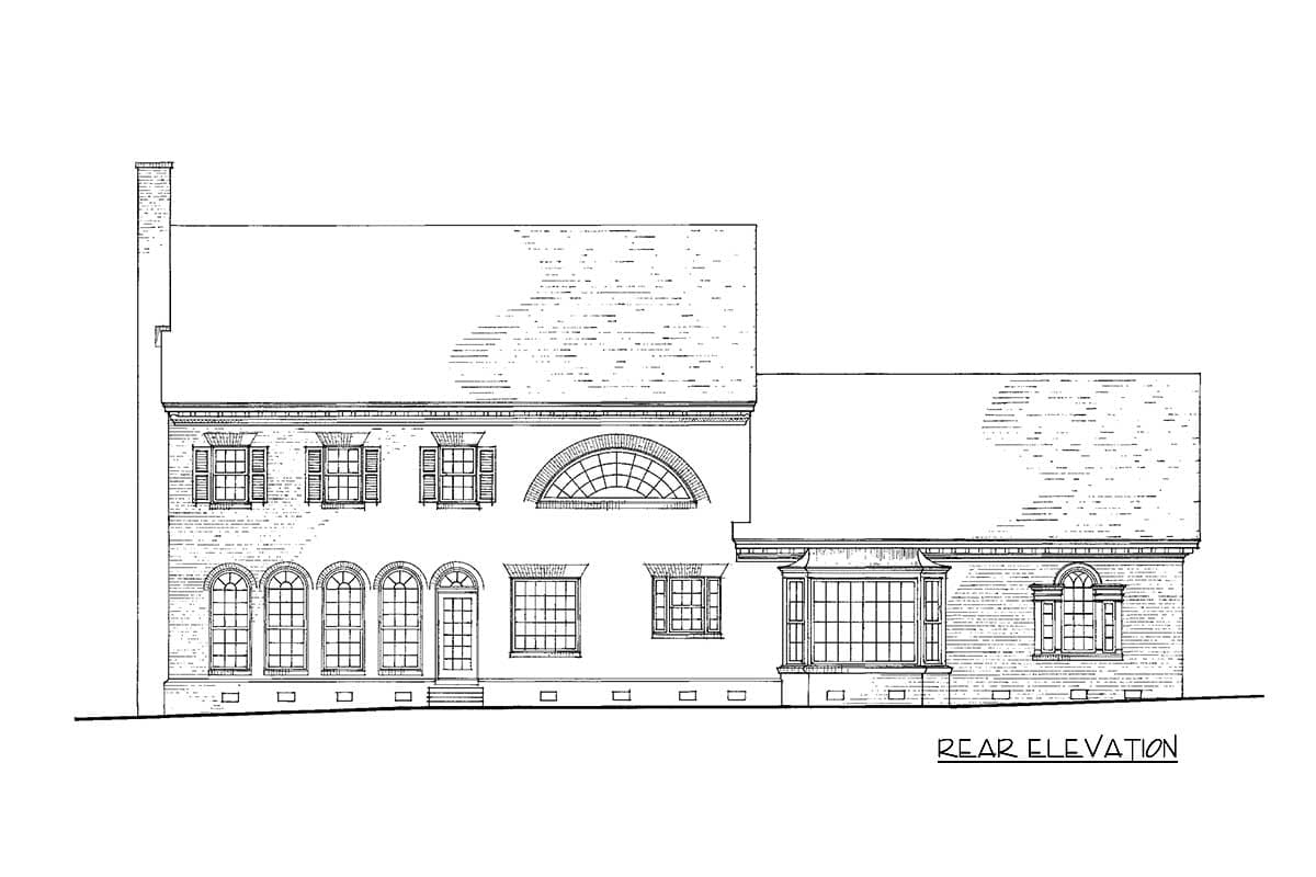 Rear elevation drawing of a two-story house plan featuring multiple window styles including arched, bay, and Palladian windows.