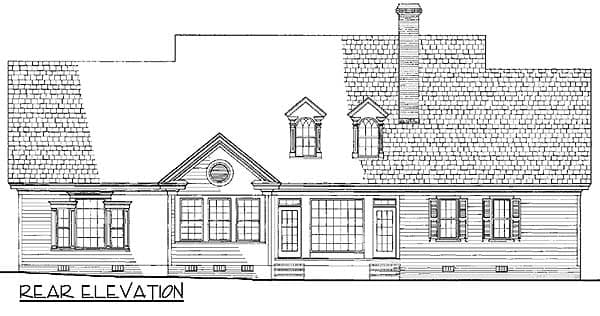 Rear elevation of a house plan showing a gambrel roof, dormers, a prominent chimney, and multi-pane windows.