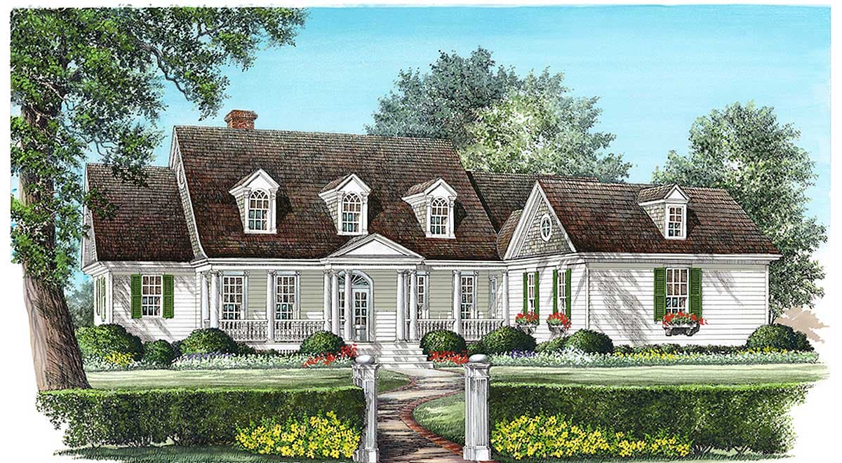 House plan exterior of a two-story traditional home with dormers, a covered entry porch with columns, and a wrap-around porch.