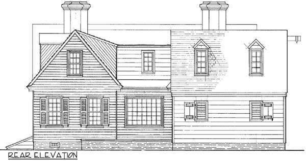 Rear elevation drawing of a house with multiple gables, dormers, chimneys, and a bay window.