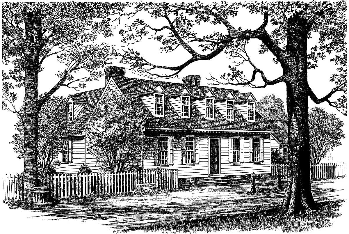 House plan exterior: Colonial style, 1.5 stories, gambrel roof, five dormer windows, symmetrical facade with central door.
