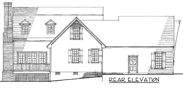 Rear elevation drawing of a multi-story house plan with dormers, a prominent chimney, and a covered porch.