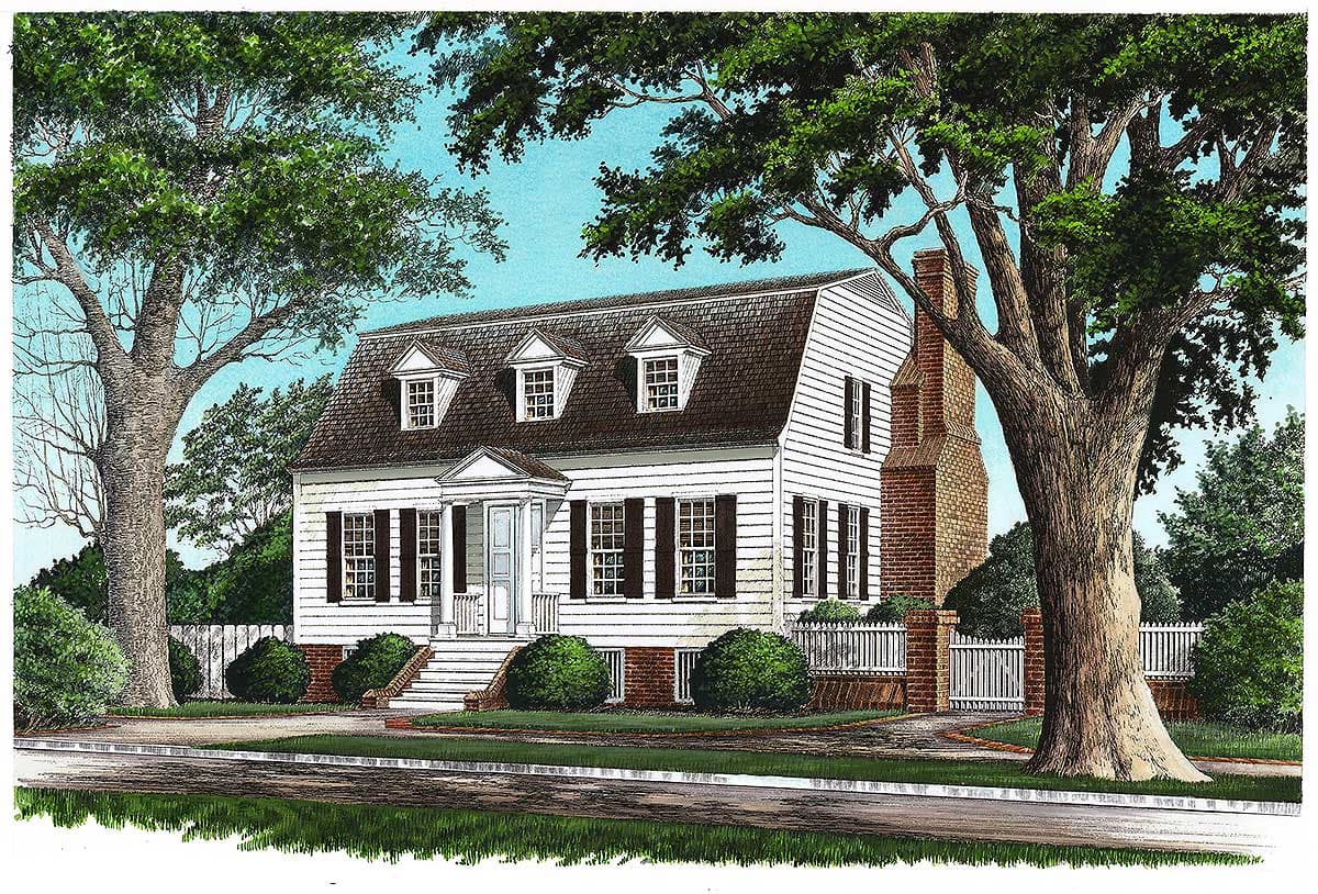 House plan exterior: Colonial style, two stories, gambrel roof, dormers, prominent brick chimney, and covered portico.