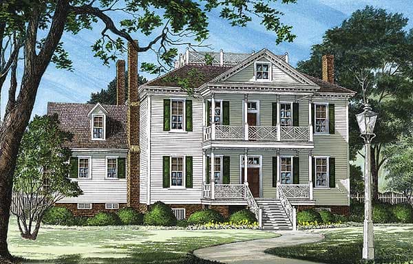 House plan exterior: Two-story Traditional style home with double balconies, gables, and brick chimneys.