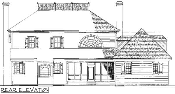 Rear elevation drawing of a multi-story house plan featuring multiple gables, a screened porch, and a Palladian window.