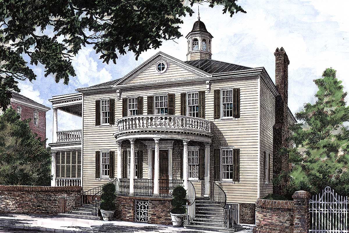 House plan exterior: Two-story classical Revival home with a curved portico, balcony, cupola, and Federal-style windows.