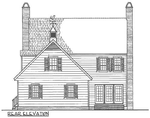 Rear elevation of a house plan showing two stories, gabled dormer, double doors, and brick chimneys.