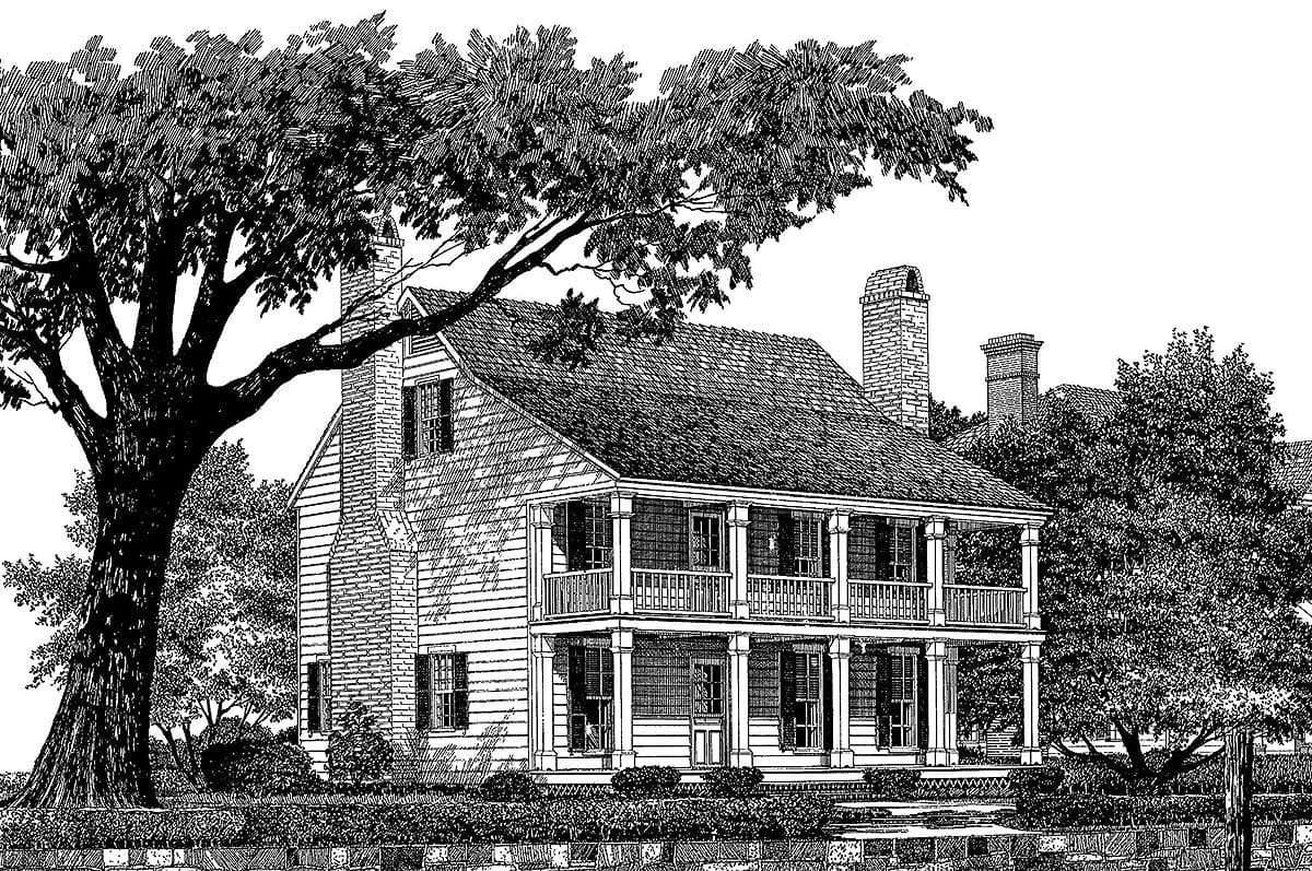 House plan exterior: Two-story Southern Colonial with double front porches, hipped roof, and prominent brick chimneys.