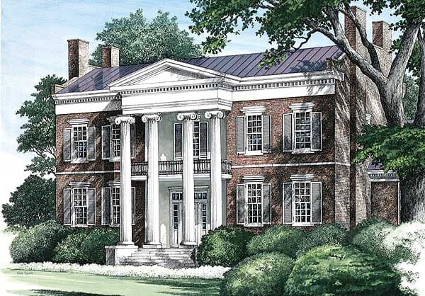 House plan exterior: Neoclassical style, two stories, portico with Corinthian columns, symmetrical brick facade, dormers, and shutters.