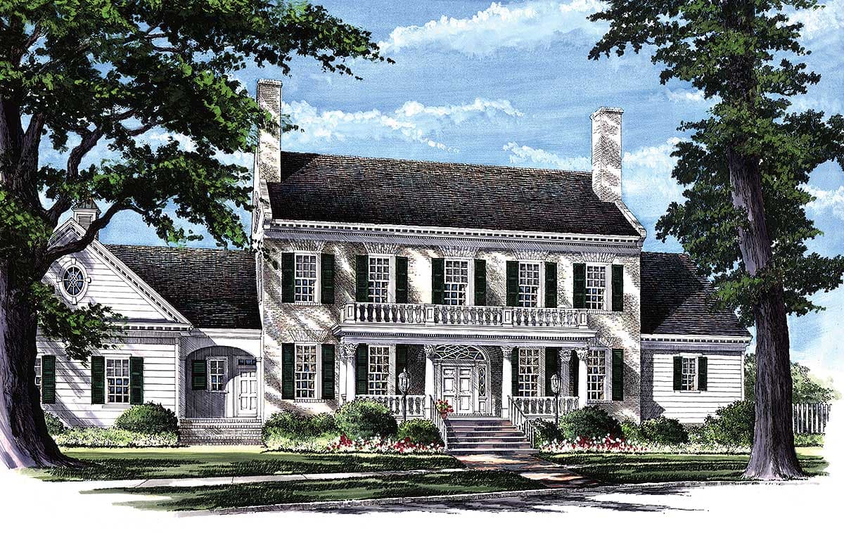 House plan exterior: two-story brick home with pedimented portico, second-story balcony, and gable wing with oculus window.