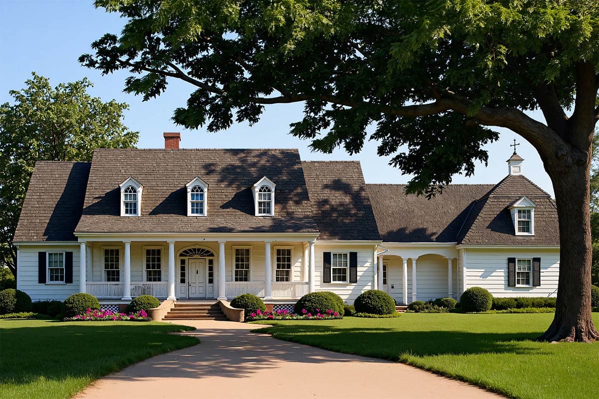 A large white house with a porch and a brown roof is framed by a mature tree, its branches reaching over the property and a winding driveway.