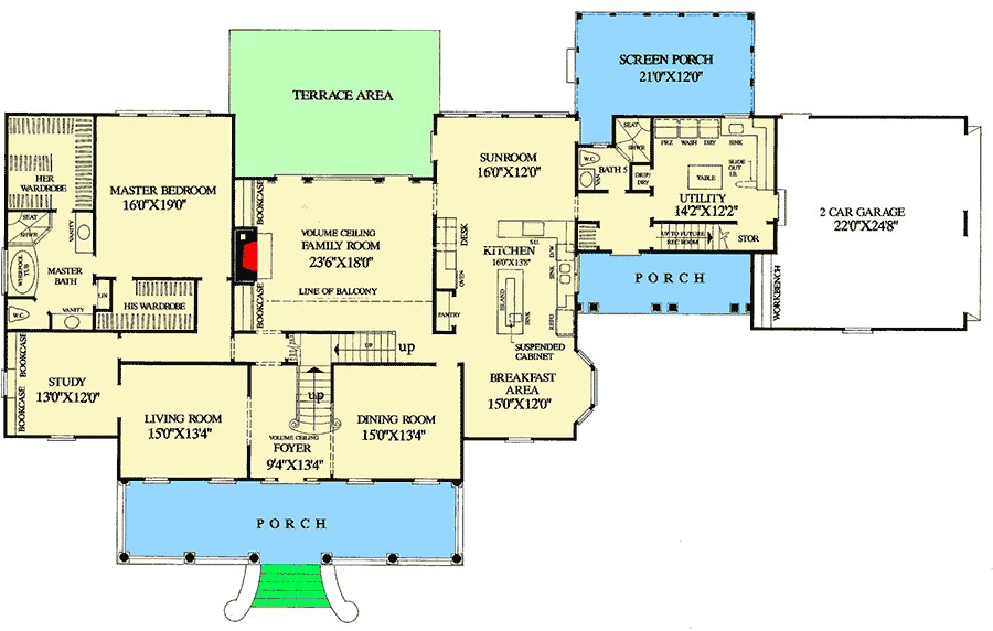 Plan 32467WP: Country Home Plan with Sunroom - Floor Plan - Main Level - Country, Southern, Traditional