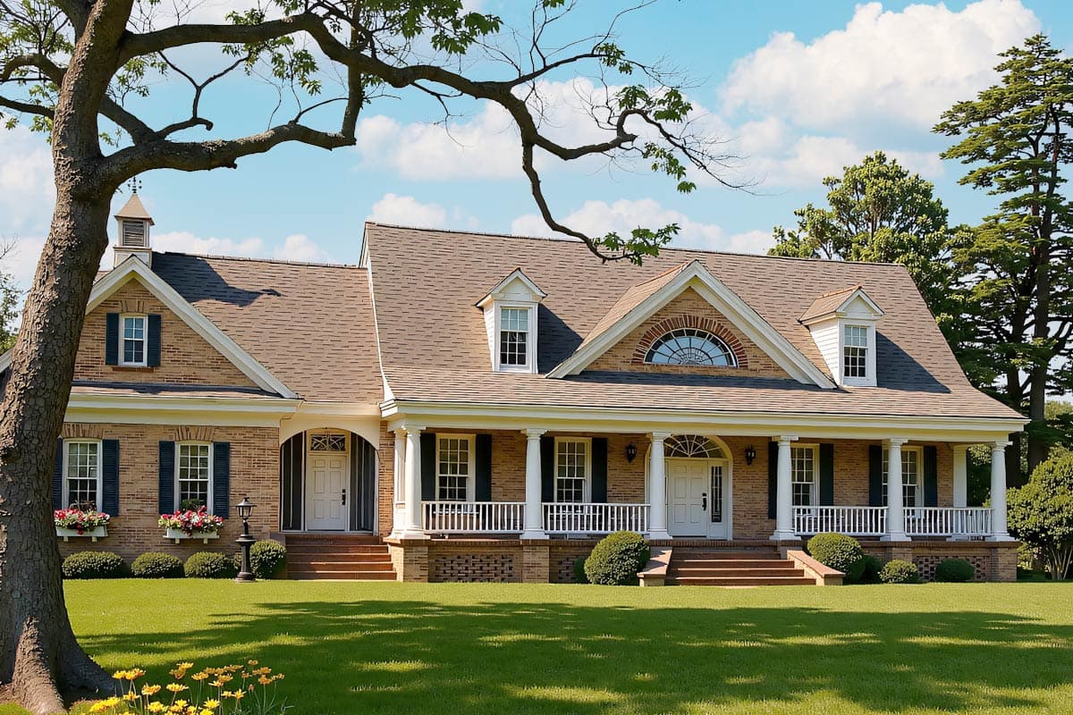 A large, two-story house with a porch and columns sits on a green lawn, shaded by a tree on a sunny day with fluffy clouds.