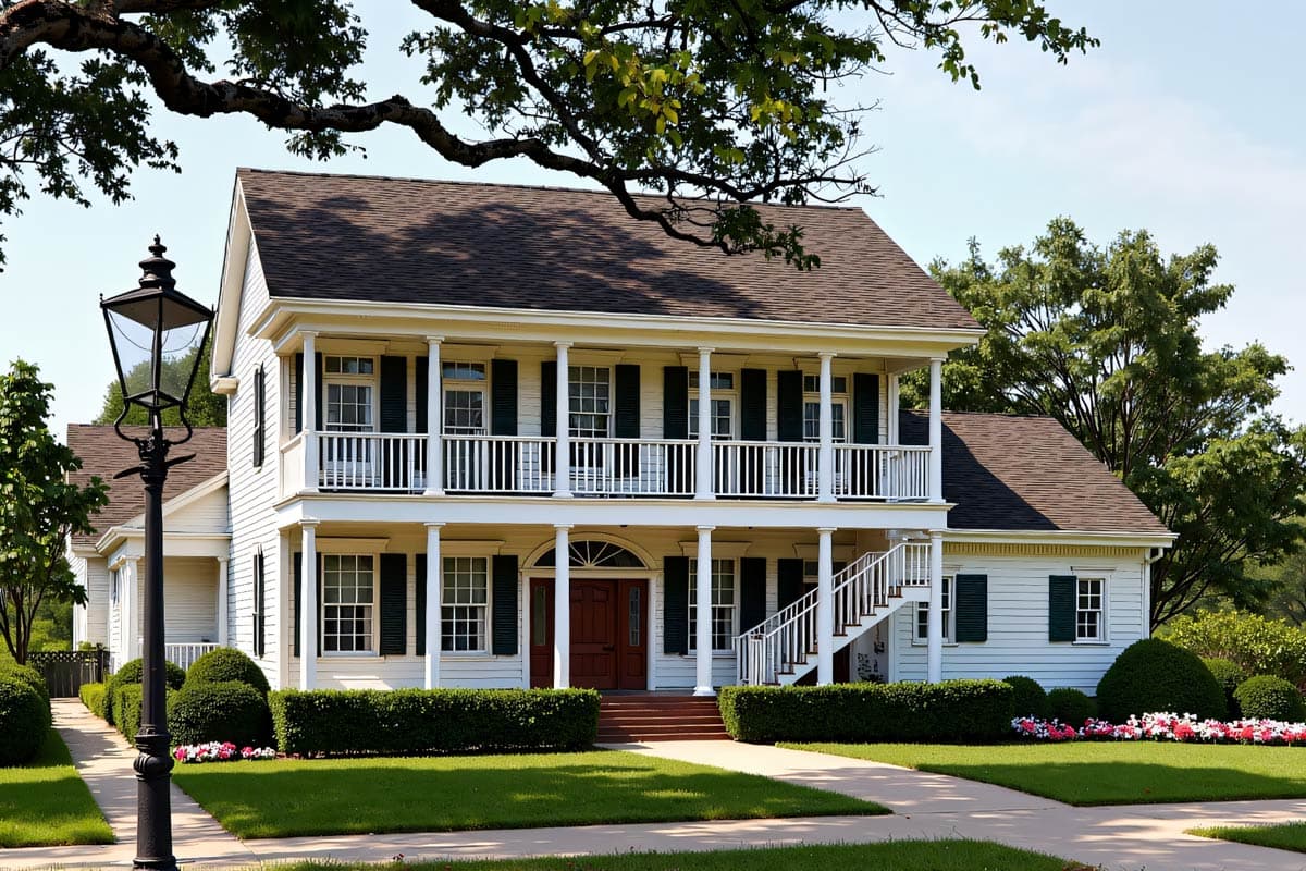 A two-story white house with a porch and columns sits behind a manicured lawn, framed by a tree and street lamp on a sunny day.