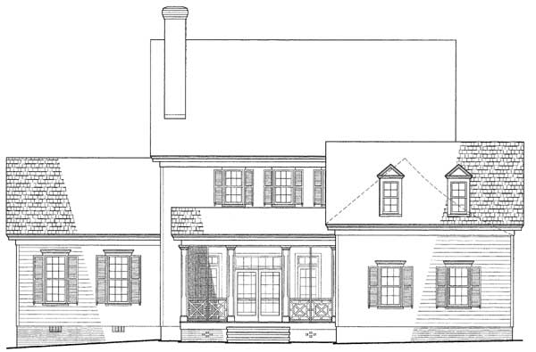 House plan elevation drawing showing front facade with two stories, a central covered porch, and dormer windows.
