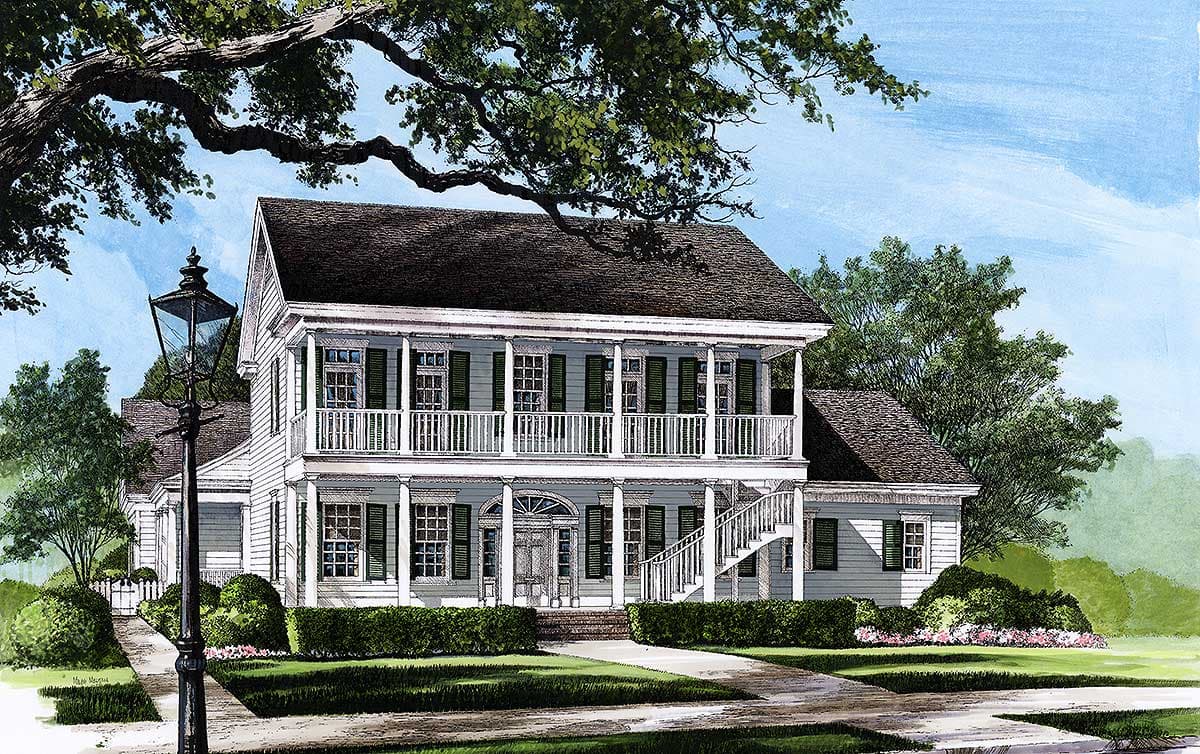 Southern Colonial house plan exterior, two stories, double porches, prominent central staircase, and dormers.