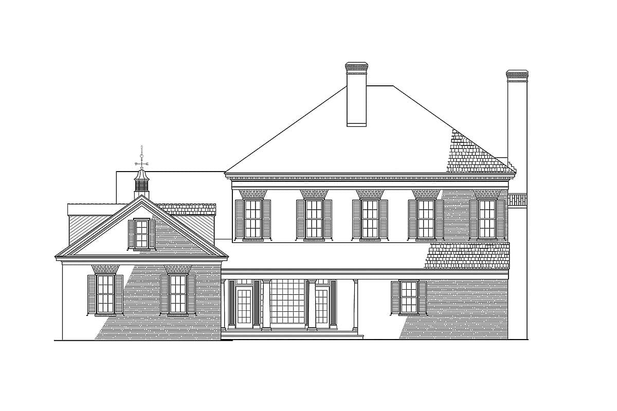 House plan exterior: Two-story brick residence with a central portico, multiple gables, dormers, and prominent chimneys.
