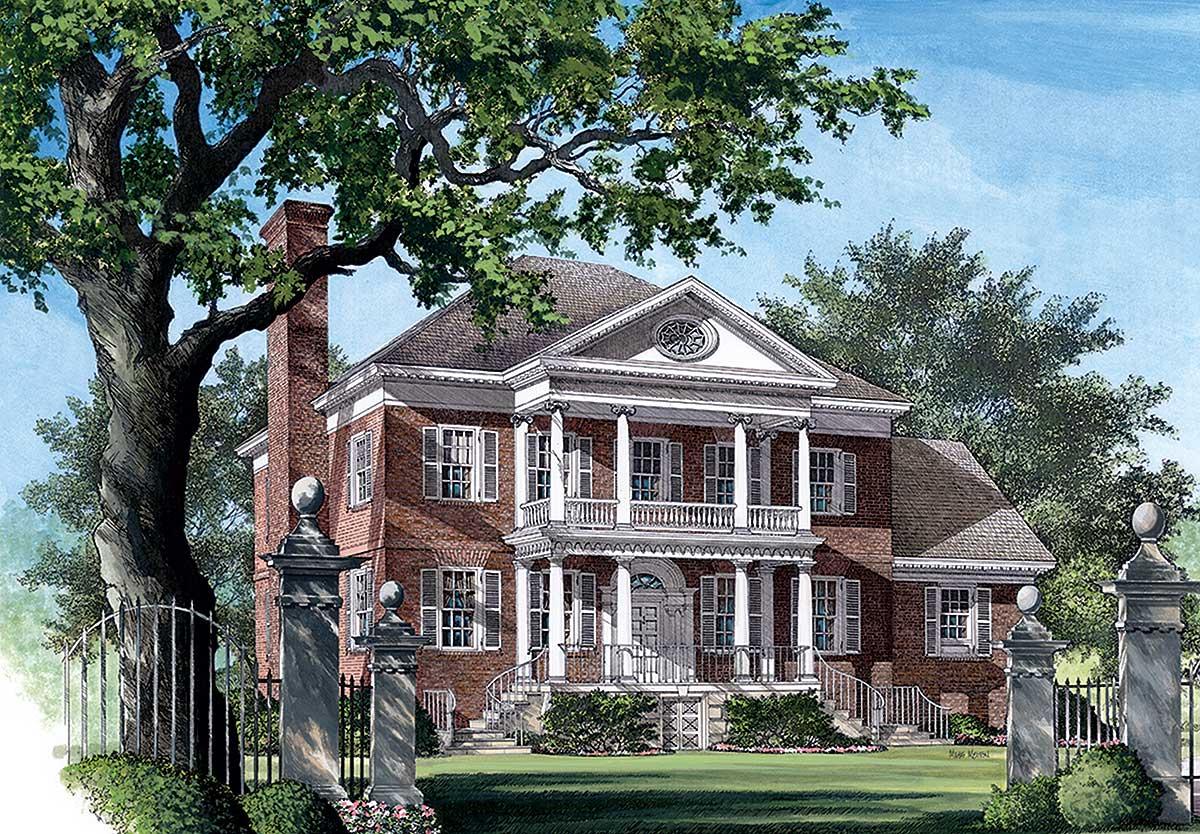 Neoclassical house plan exterior, two stories, brick facade, portico with columns, pediment, and dormer window.