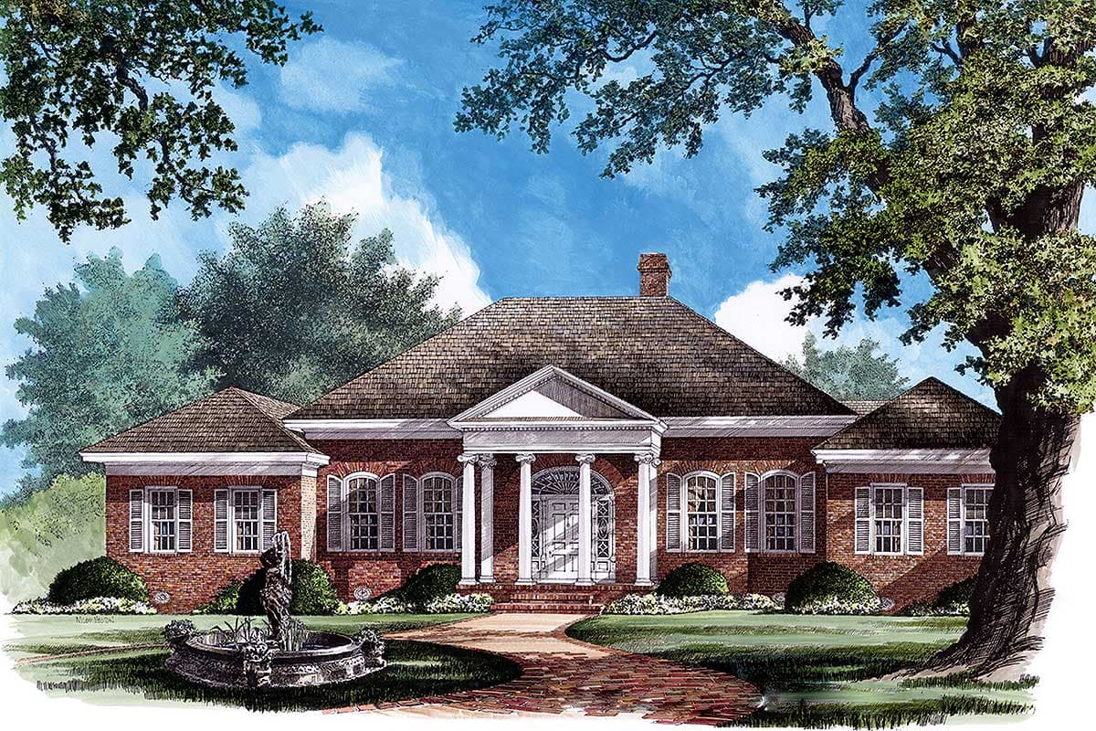 House plan exterior of a one-story brick home with a central portico, columns, pediment, and multiple gables.