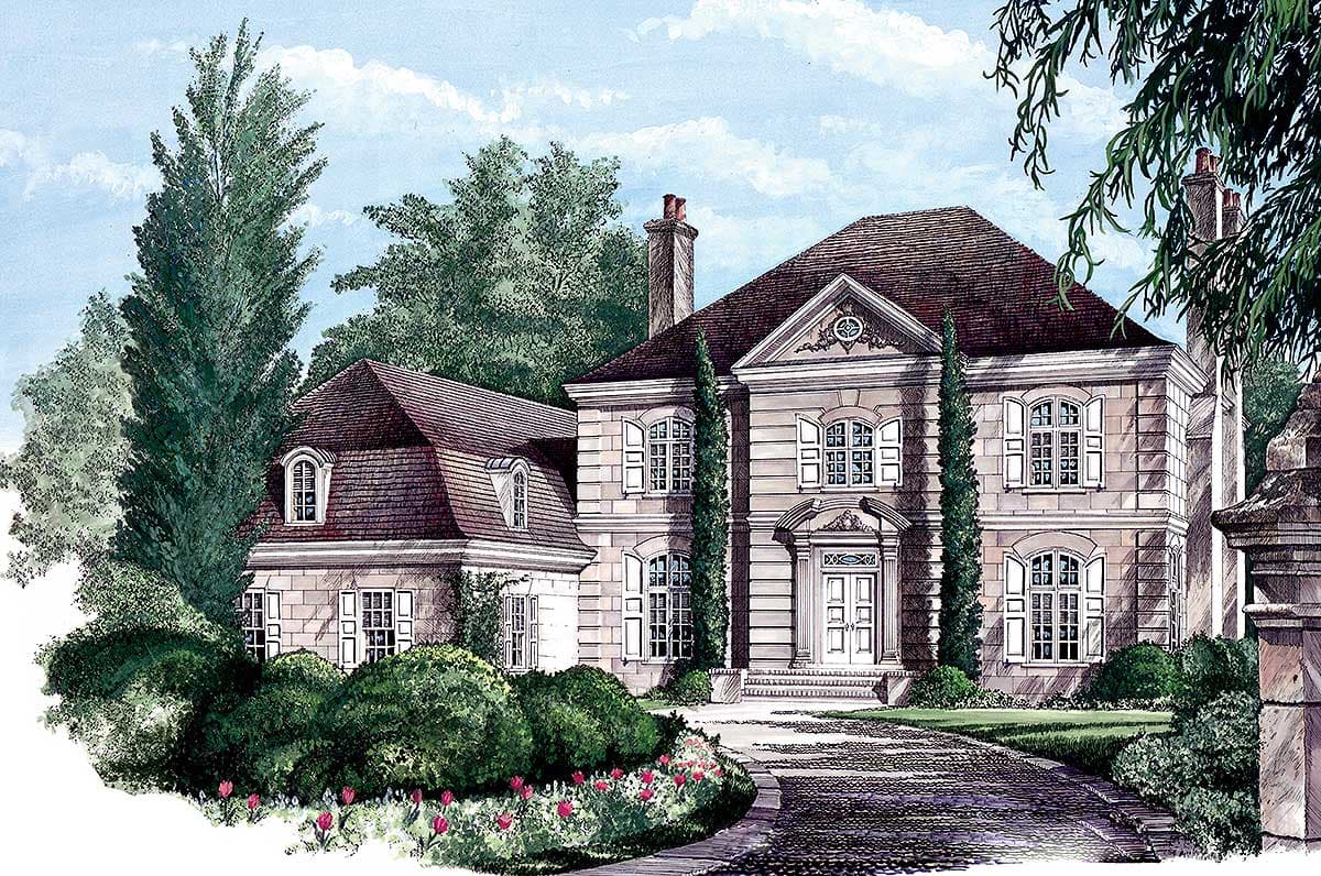 French Country house plan exterior with mansard roof, quoins, decorative pediment, and arched dormers.