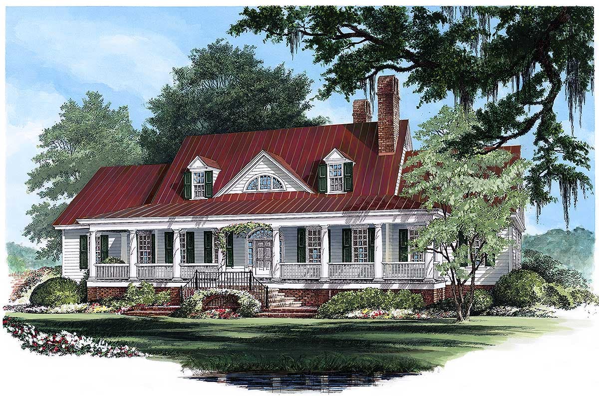 House plan exterior: Traditional style, one story, with a wraparound porch, dormers, and a metal roof.