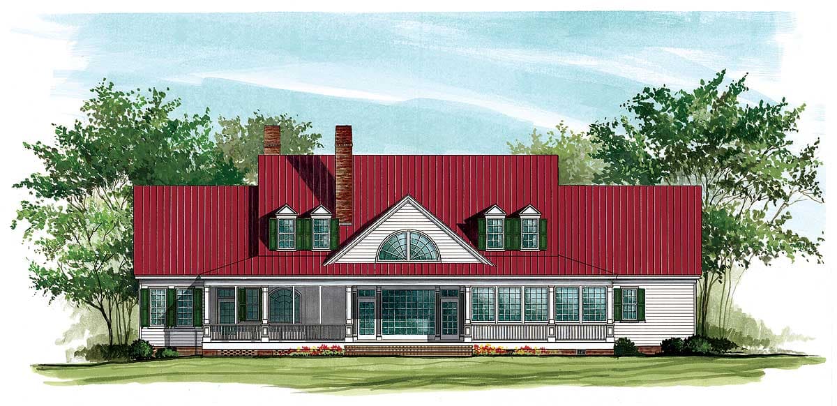 House plan exterior featuring a wrap-around porch, red metal roof, dormers, and a prominent arched window.