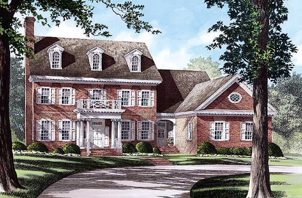 House plan exterior: Brick Georgian-style home with a central portico, second-story balcony, dormer windows, and a gabled wing.