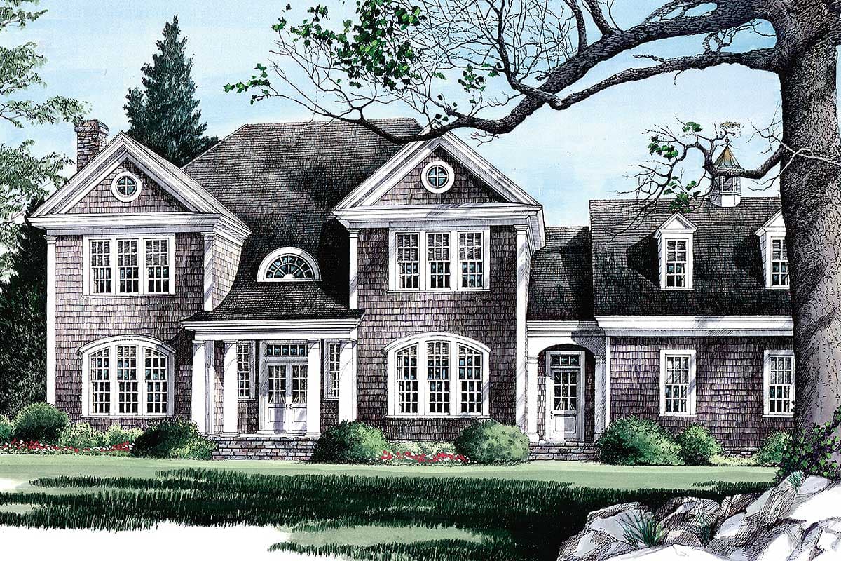 House plan exterior of a two-story home with a shingled facade, gables, arched windows, and a central covered porch.