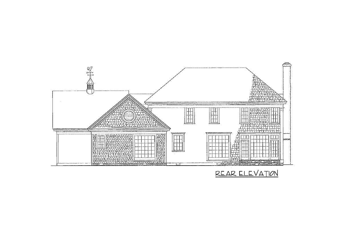 Rear elevation drawing of a two-story house with gables, dormers, large windows, and a chimney.