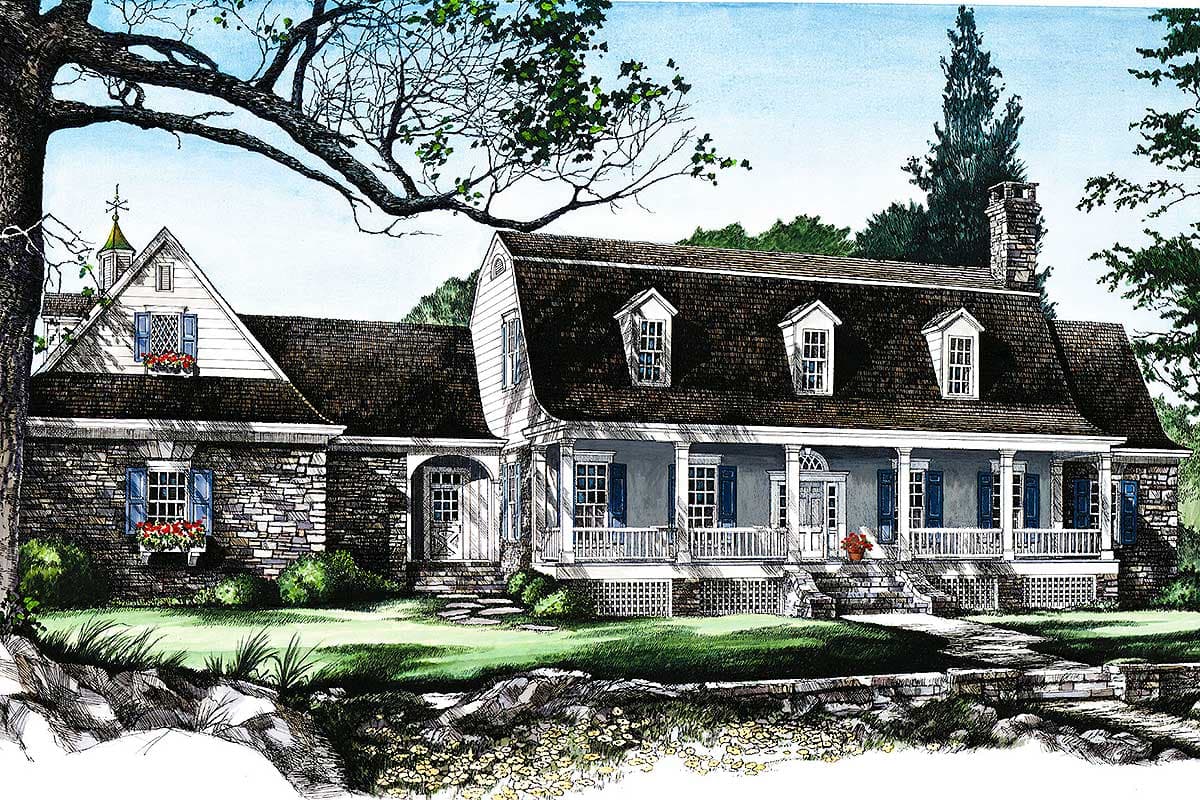 House plan exterior rendering: stone facade, gambrel roof, dormers, full-width porch with columns and railing, chimney, gable dormer.