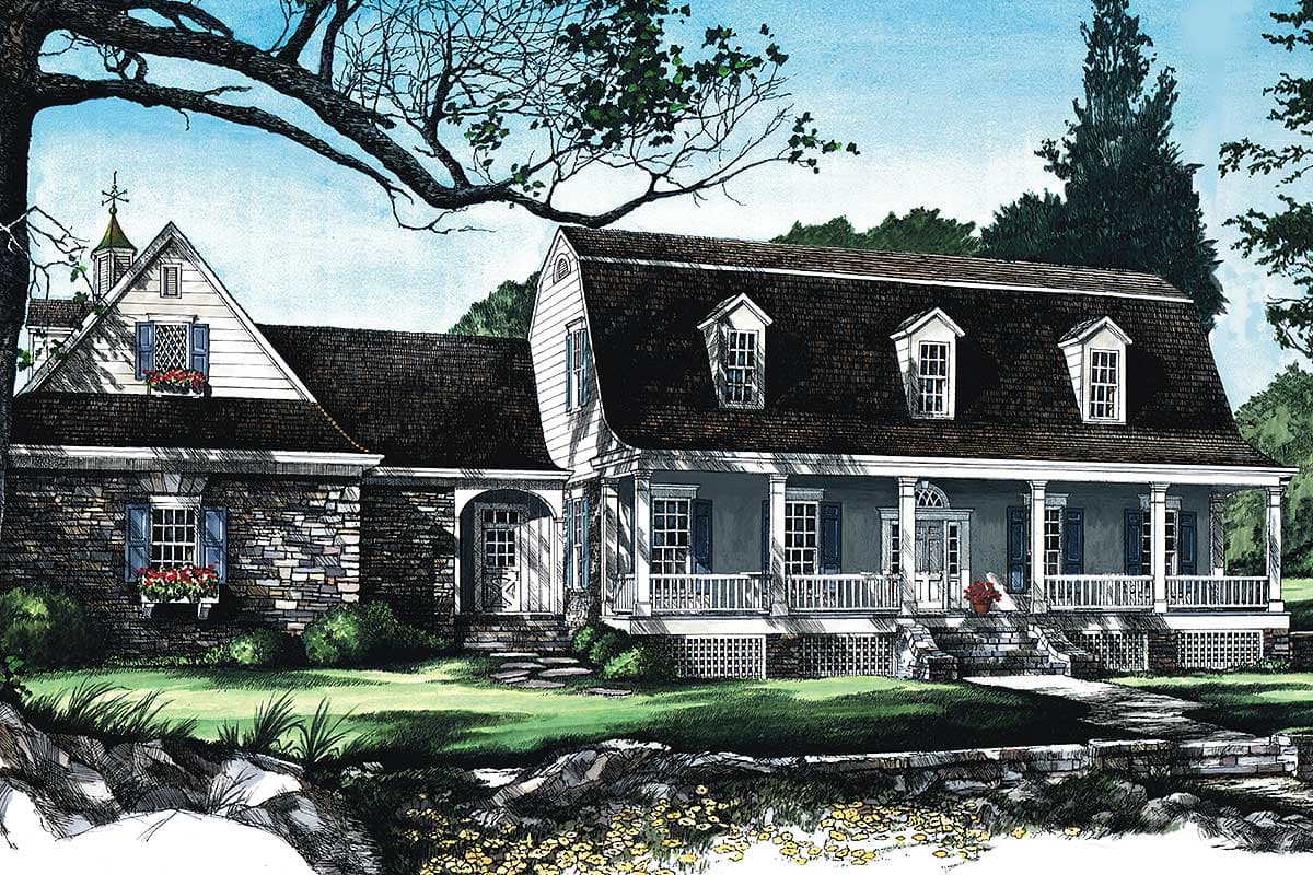 House plan exterior: Traditional two-story home with stone accents, mansard roof, dormers, and full-width covered porch with columns.