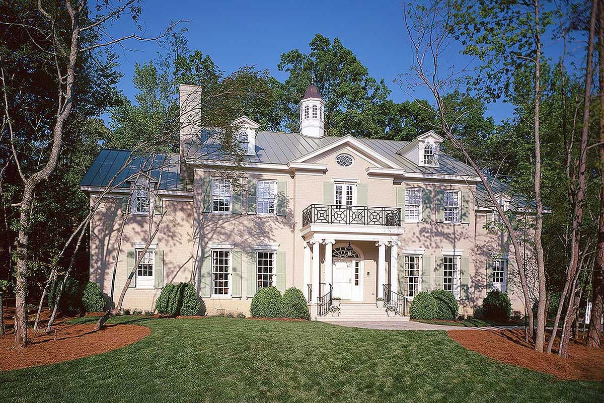 House plan exterior: Georgian style, two stories, central cupola, dormers, and prominent portico with balcony.