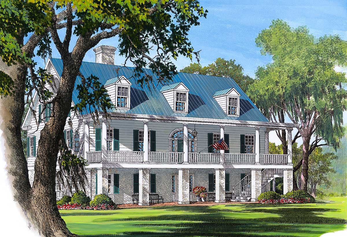 Southern style house plan exterior with full porch, double balustrades, dormers, and raised foundation.