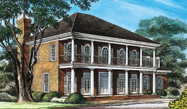 House plan exterior of a two-story brick home with a double-tiered porch, white columns, arched upper windows, and a prominent chimney.