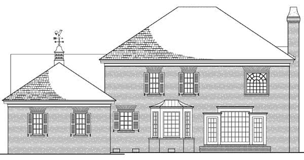 House plan exterior drawing featuring a brick facade, hip roofs, dormers, a cupola with weathervane, and various window styles.