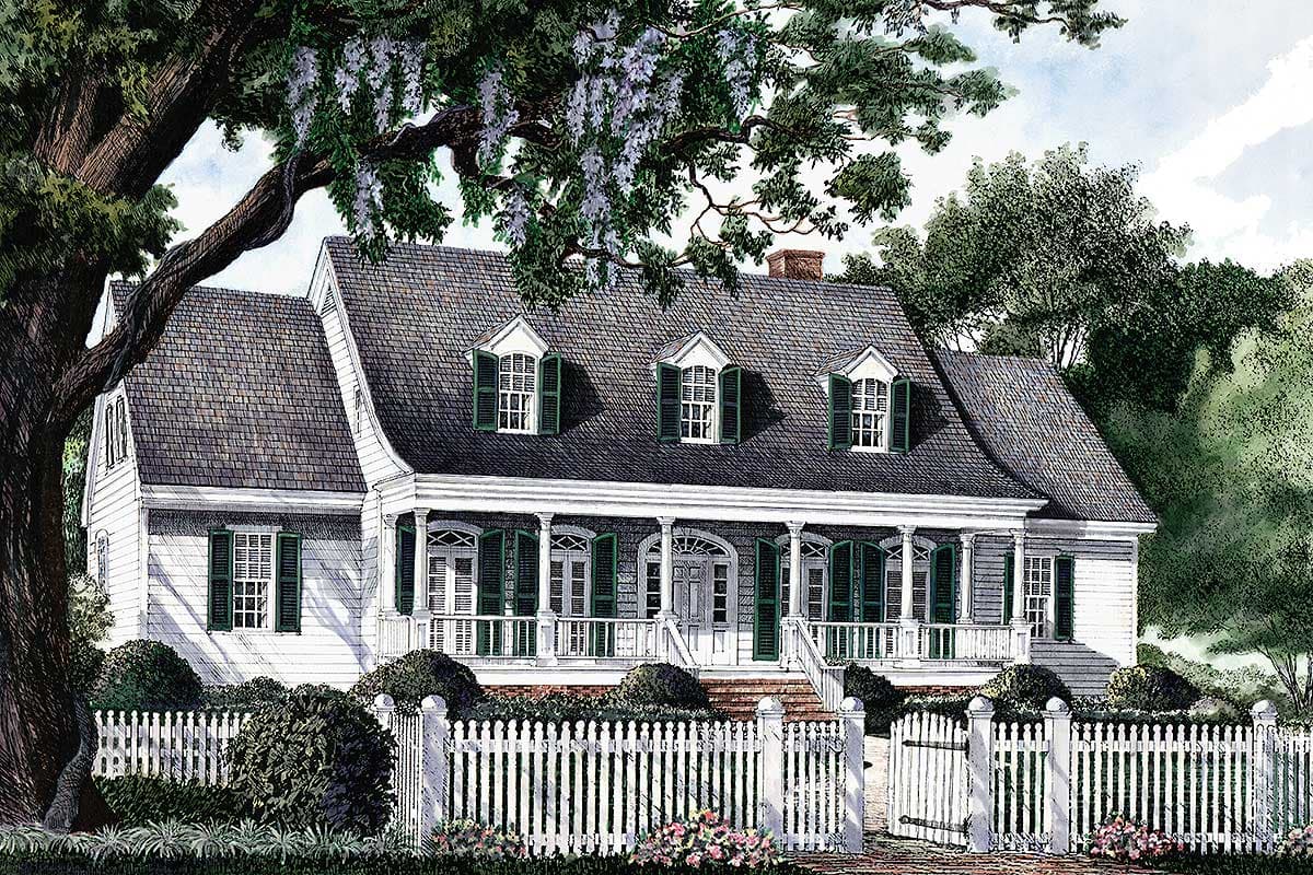 House plan exterior: Two-story home with a full-width covered porch, dormers, and shutters.