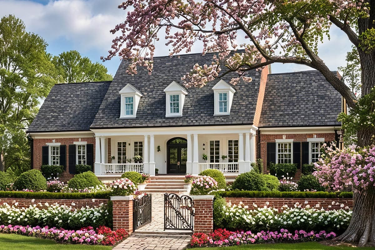 House plan exterior: Brick two-story with central portico, three dormers, and a fenced garden.