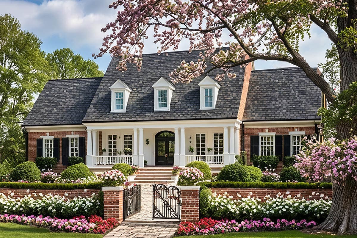 Elegant brick house with white columns, shutters, and dormer windows, surrounded by a garden of colorful flowers and a wrought iron gate.