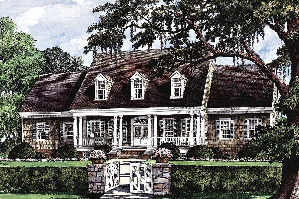 House plan exterior: Colonial Revival style, one story, with a full-width porch, central entry, and dormer windows.