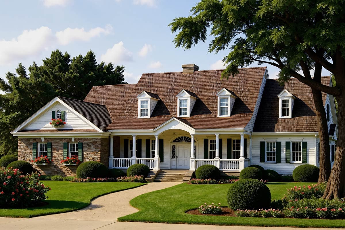 Large, two-story house with brown shingle roof, white siding, and a front porch. Green lawn and a curved walkway lead to the entrance.