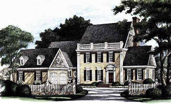 House plan exterior of a two-story Traditional style home with a central entrance, dormers, and attached garage.
