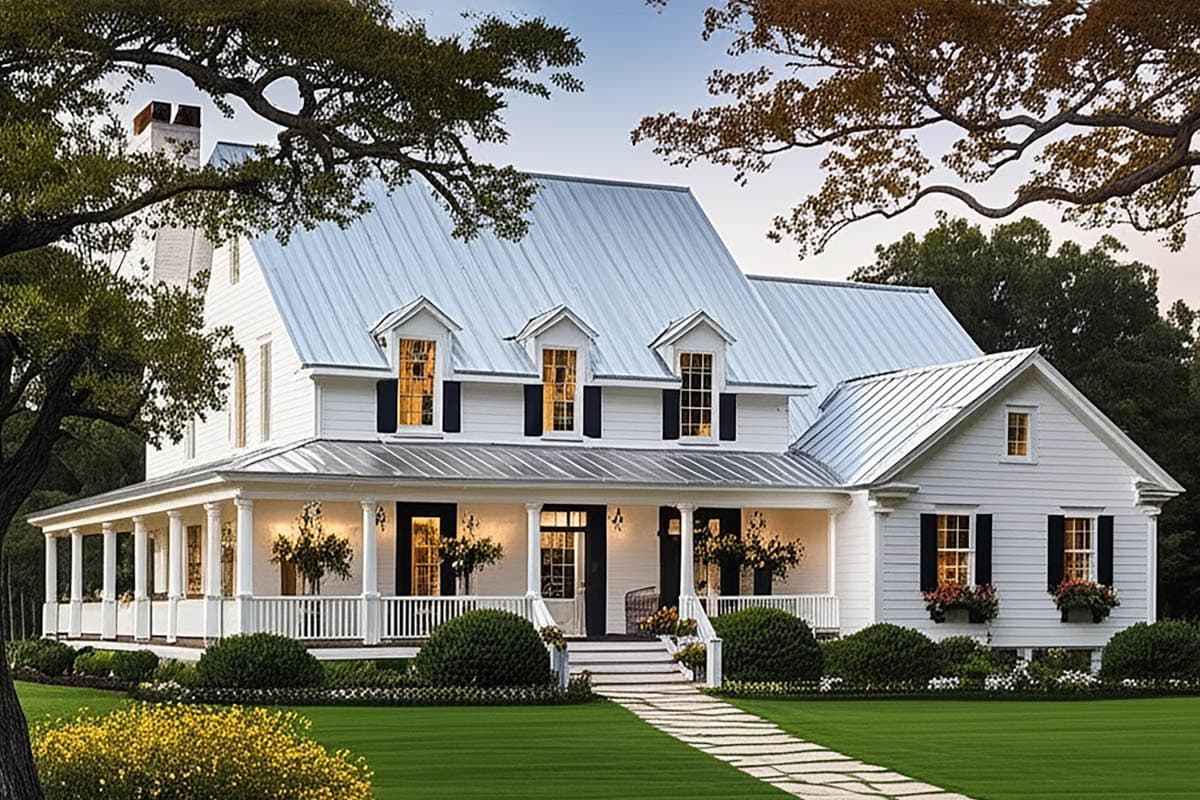 House plan exterior: two-story Modern Farmhouse with wrap-around porch, metal roof, and dormer windows.